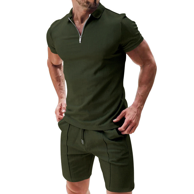 2Pcs Casual Waffle Suit – Men's Zipper Lapel Short-Sleeved Top & Drawstring Pocket Shorts Set