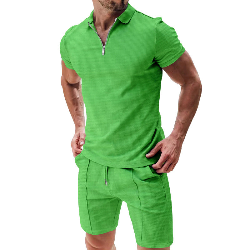 2Pcs Casual Waffle Suit – Men's Zipper Lapel Short-Sleeved Top & Drawstring Pocket Shorts Set