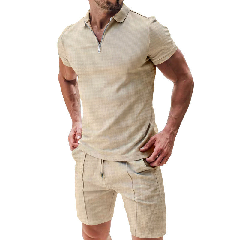 2Pcs Casual Waffle Suit – Men's Zipper Lapel Short-Sleeved Top & Drawstring Pocket Shorts Set