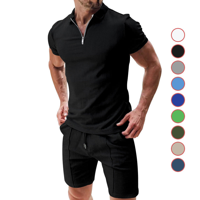 2Pcs Casual Waffle Suit – Men's Zipper Lapel Short-Sleeved Top & Drawstring Pocket Shorts Set