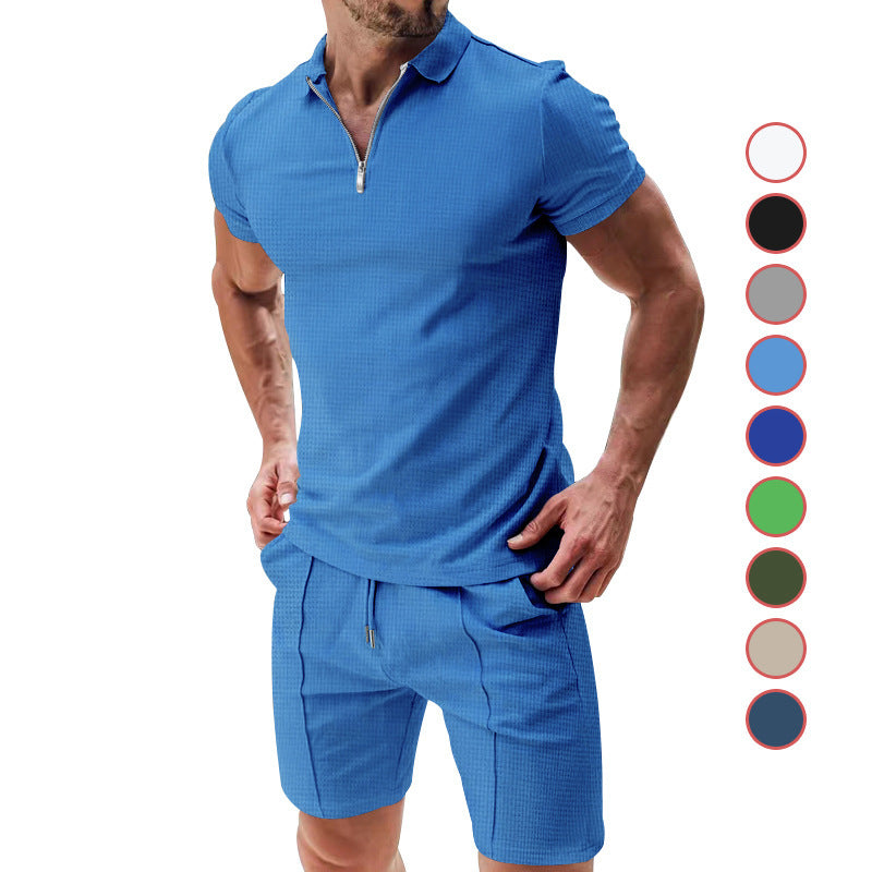 2Pcs Casual Waffle Suit – Men's Zipper Lapel Short-Sleeved Top & Drawstring Pocket Shorts Set