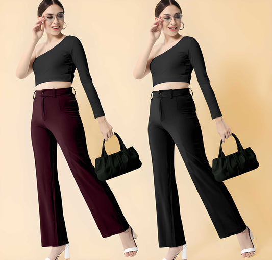 Elegant Wine & Black Lycra Trousers Combo For Women (Pack of 2)