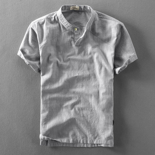 Casual Chinese Style Loose Standing Collar Cotton Linen Short Sleeved Shirt