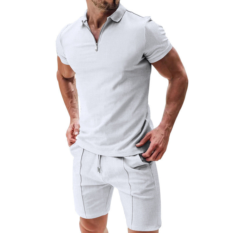 2Pcs Casual Waffle Suit – Men's Zipper Lapel Short-Sleeved Top & Drawstring Pocket Shorts Set